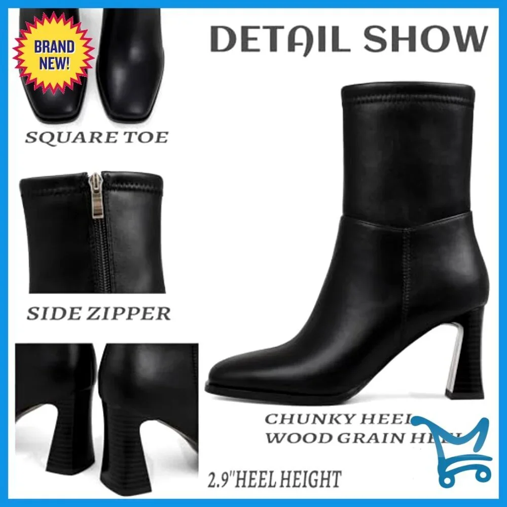 Square Toe Ankle Boots with Chunky Heel, Side Zip, Non-Slip Sole